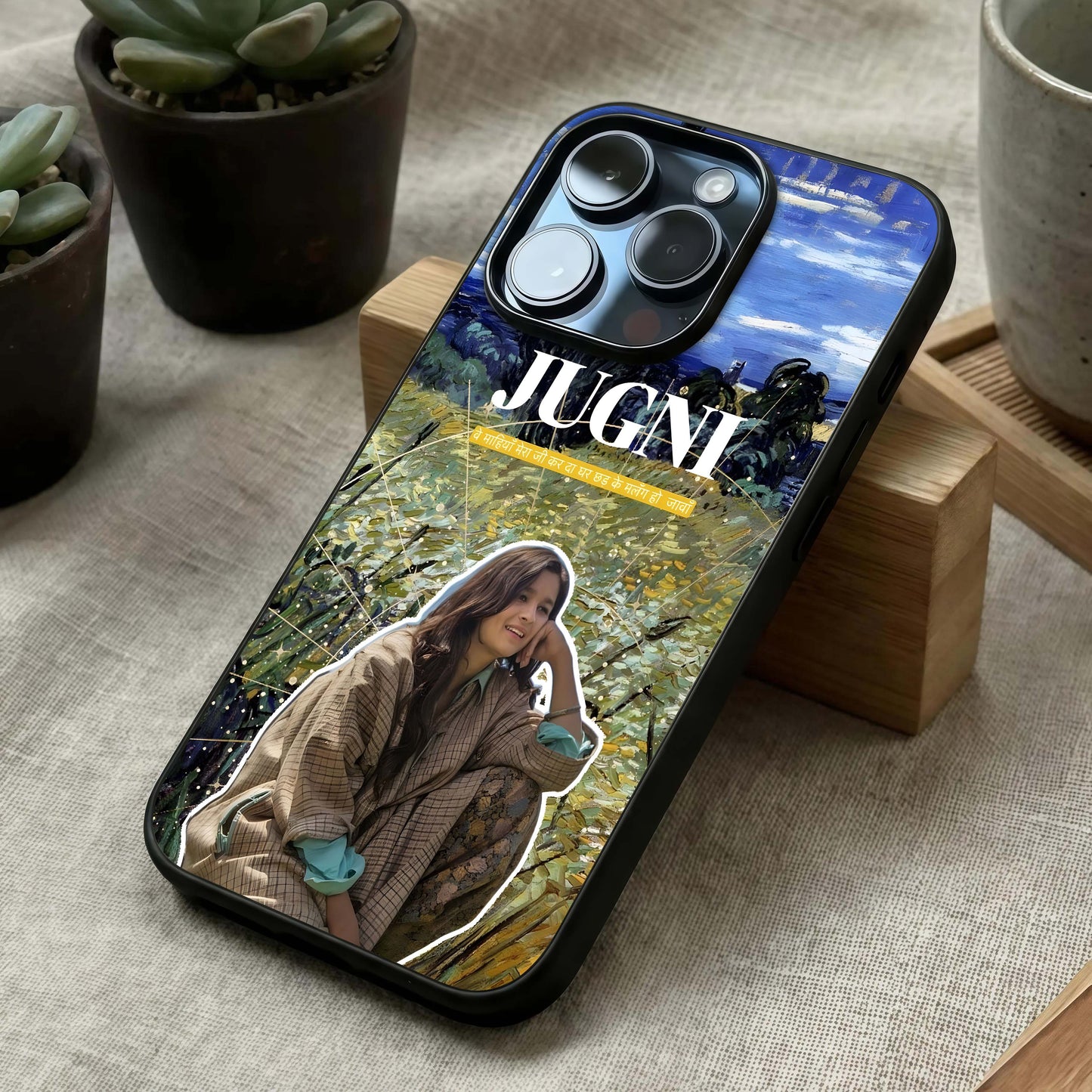 Jugni Soul Vibes Glass Case laid diagonally highlighting rhythmic flow and HD glass shine.
