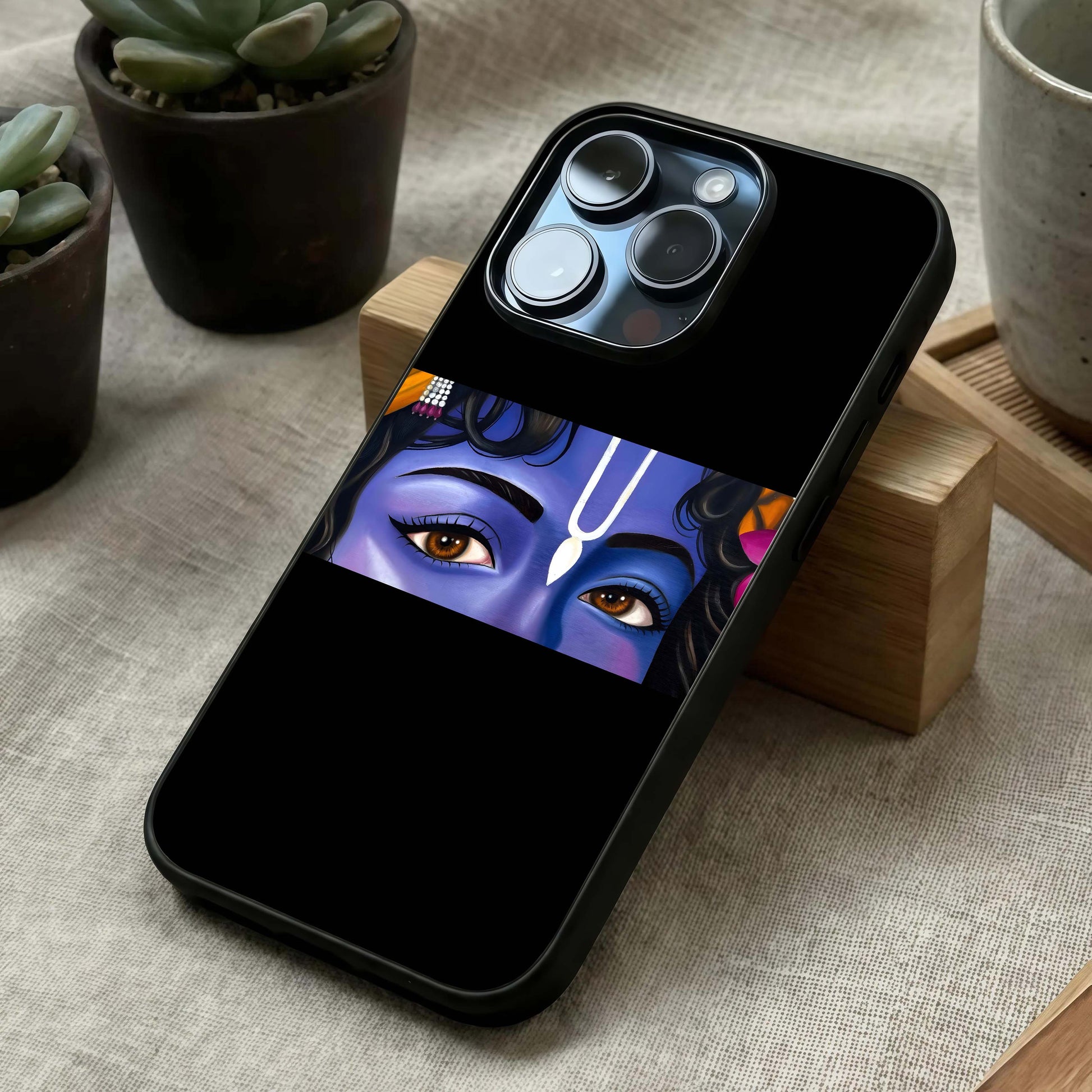 Krishna Eye Glass Case laid diagonally highlighting symbolic depth and HD glass shine.