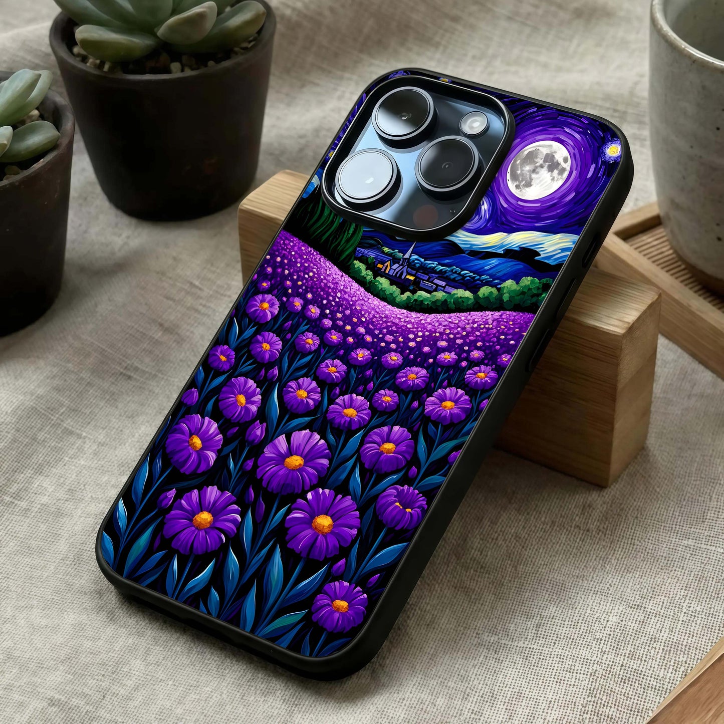 Lavender Moon Field Glass Case laid diagonally highlighting gentle landscape flow and HD glass shine.