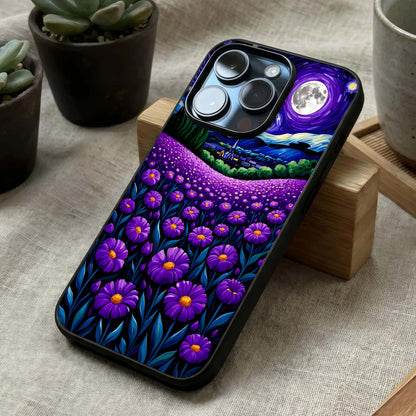 Lavender Moon Field Glass Case laid diagonally highlighting gentle landscape flow and HD glass shine.