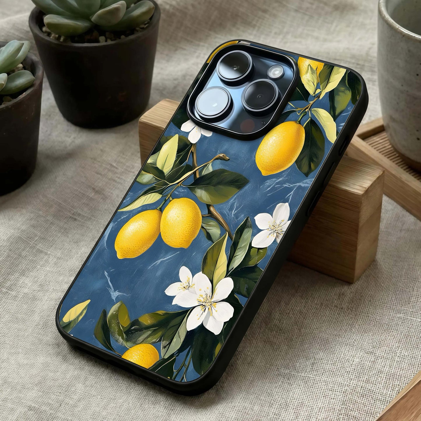 Lemon Dream Garden Glass Case laid diagonally highlighting playful composition and HD glass shine.