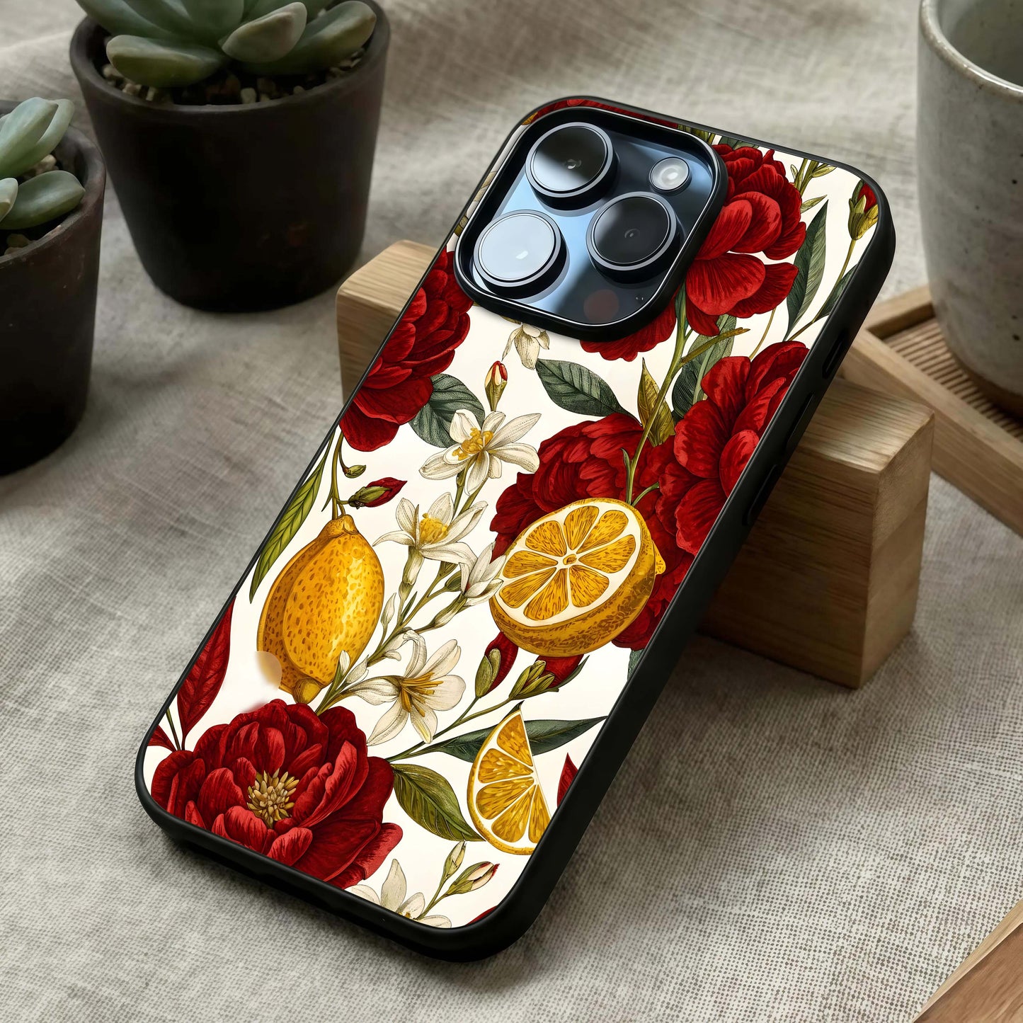 Lemon Rose Charm Glass Case laid diagonally highlighting soft petal flow and HD glass shine.