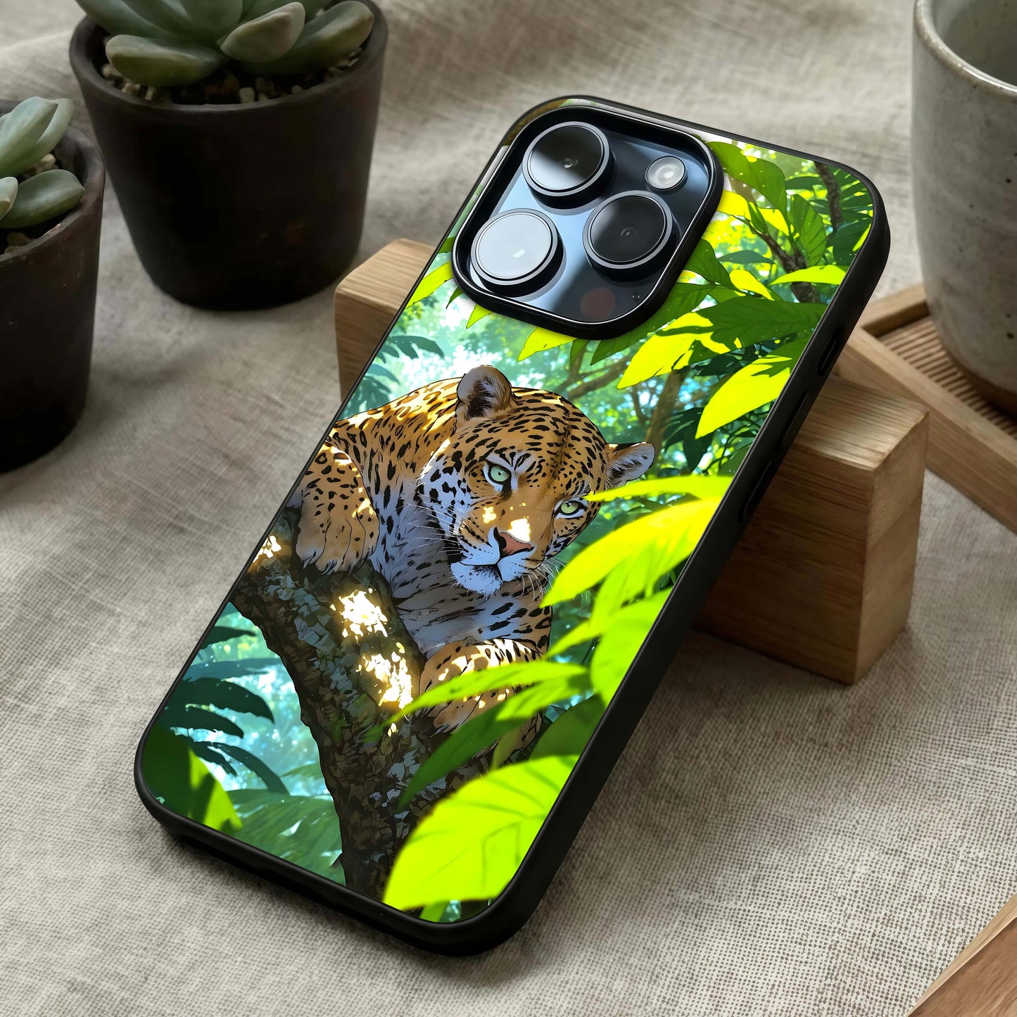 Leopard in Jungle Glass Case laid diagonally highlighting dynamic motion and HD glass shine.