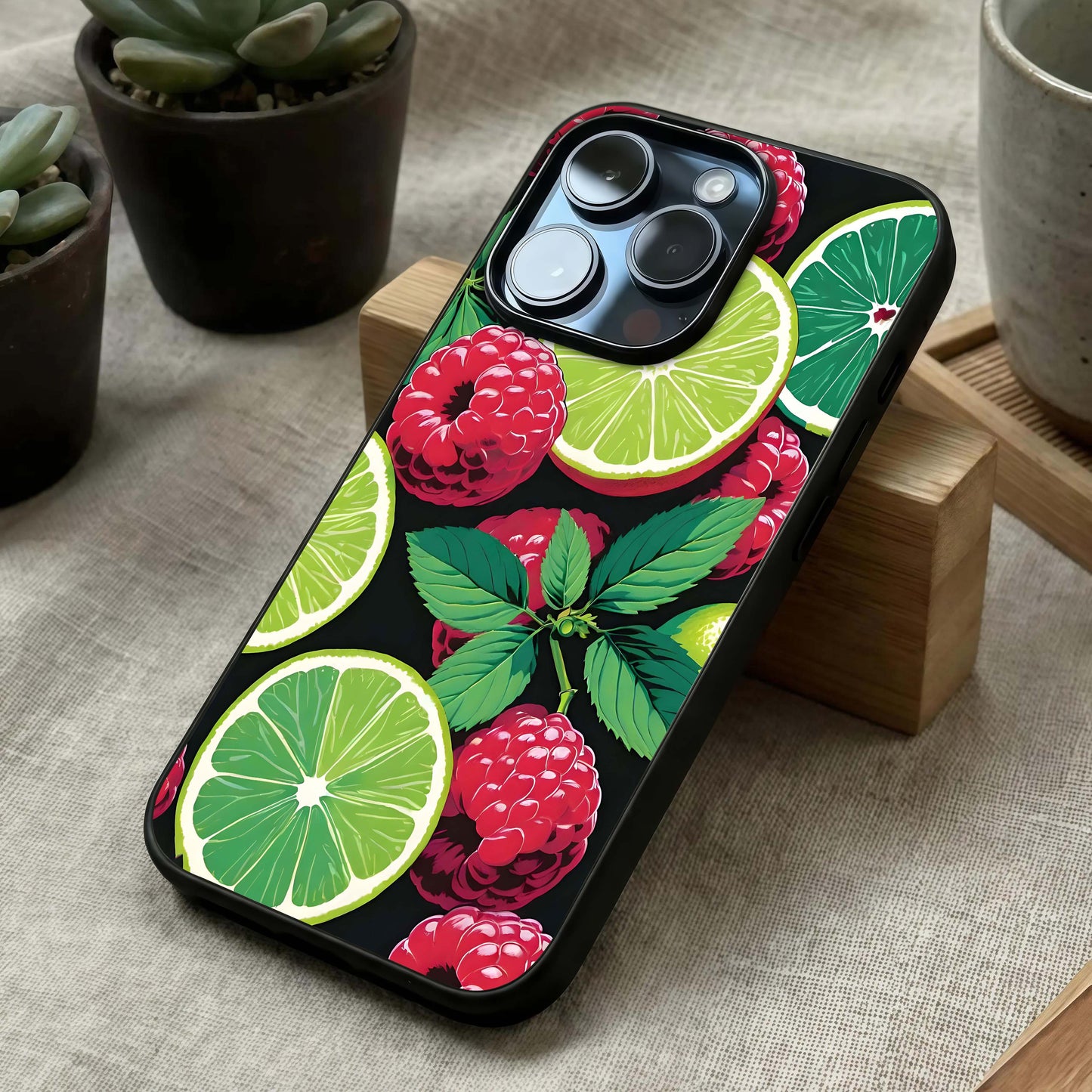 Lime and Raspberry Pattern Glass Case laid diagonally highlighting lively repetition and HD glass shine.