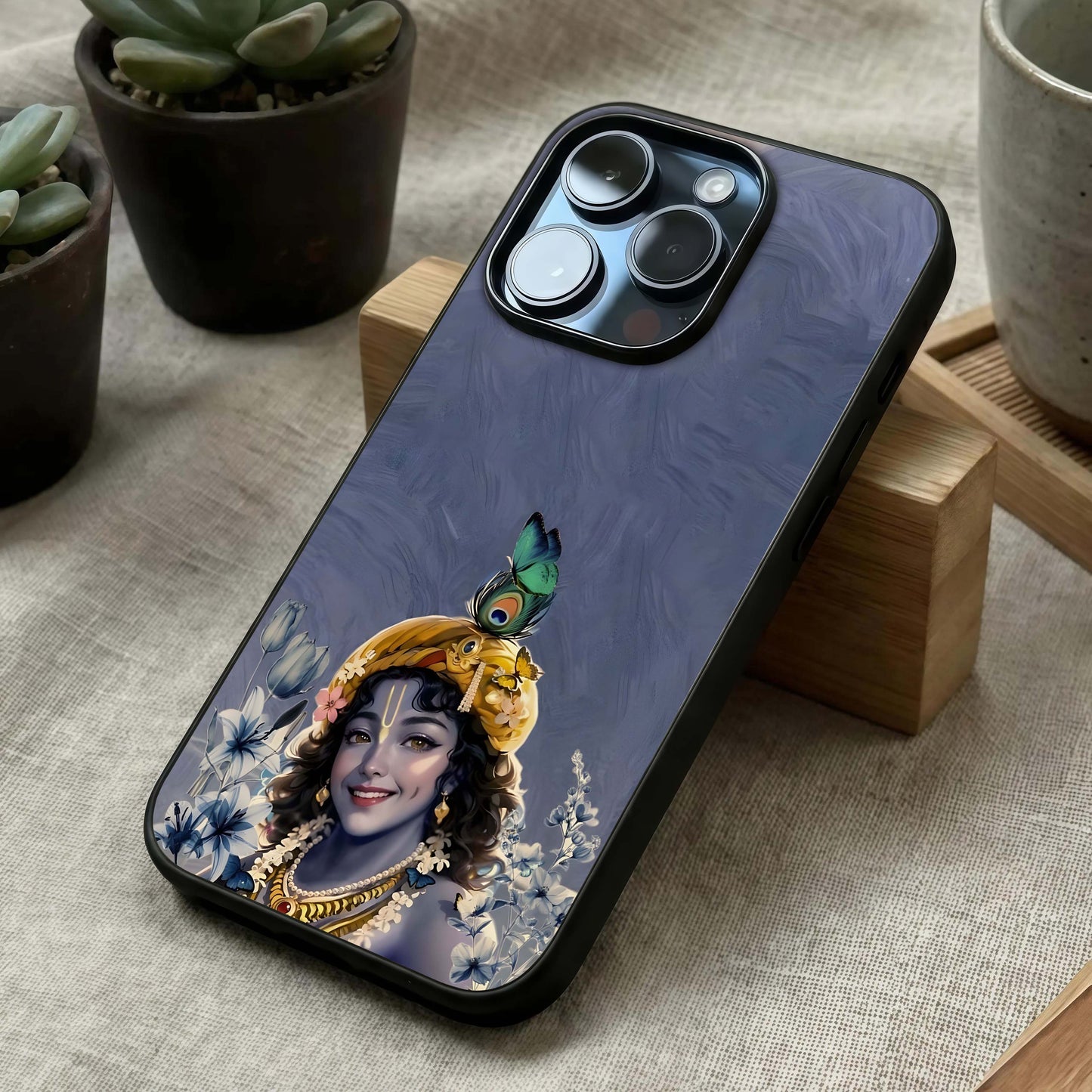 Lord Krishna Glass Case laid diagonally highlighting spiritual flow and HD glass shine.