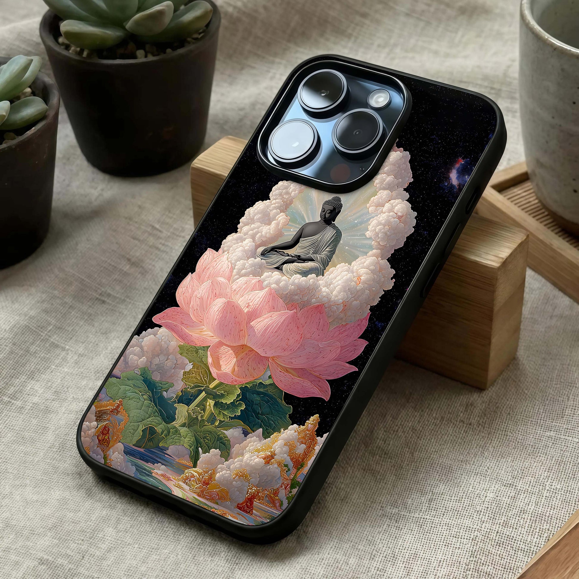 Lotus Divine Peace Glass Case laid diagonally highlighting graceful balance and HD glass shine.