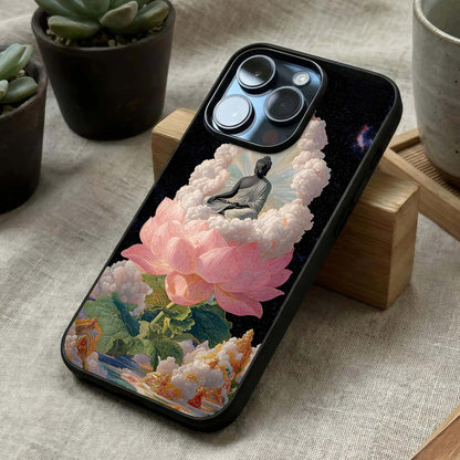 Lotus Divine Peace Glass Case laid diagonally highlighting graceful balance and HD glass shine.