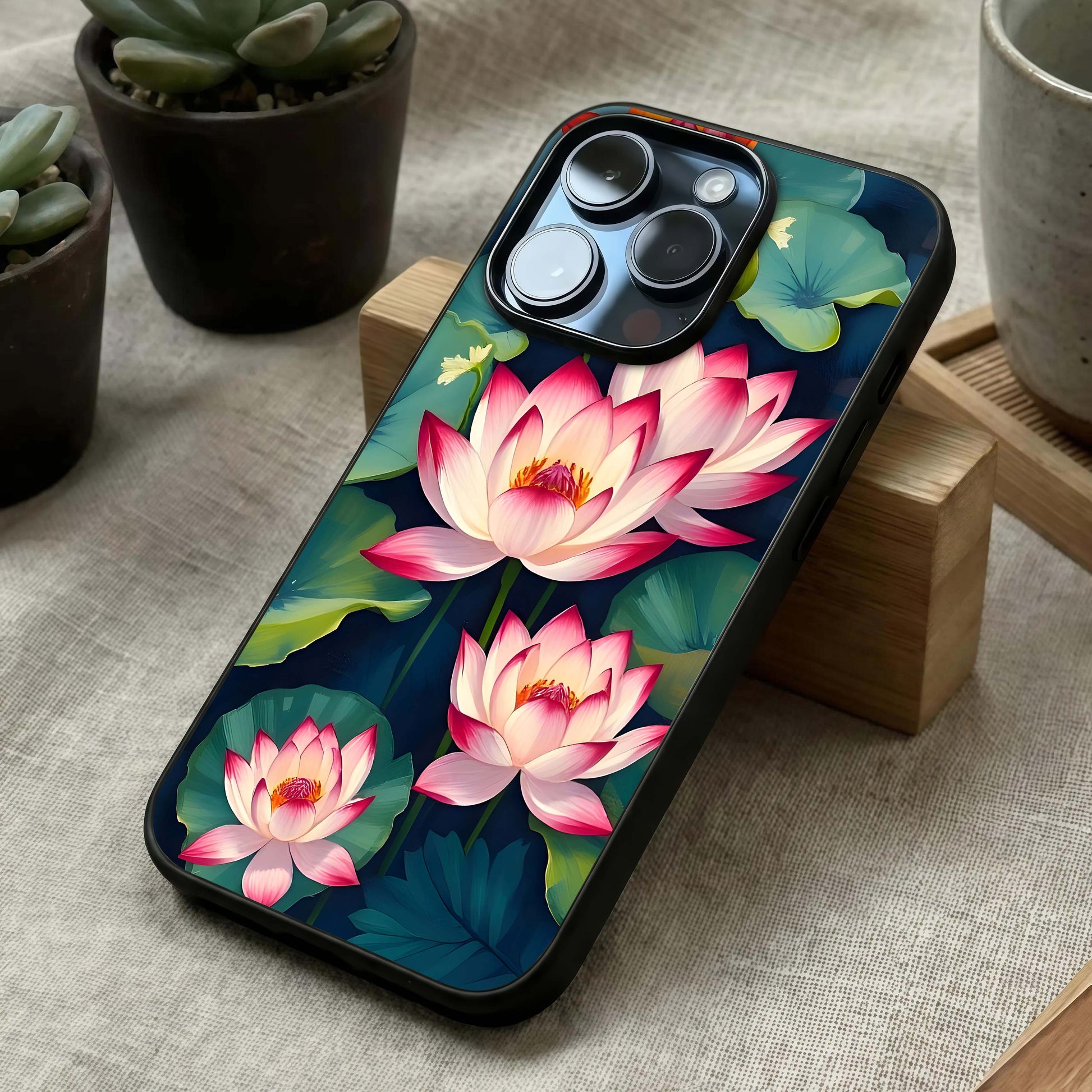 Lotus Dream Serenity Glass Case laid diagonally highlighting gentle flow and HD glass shine.