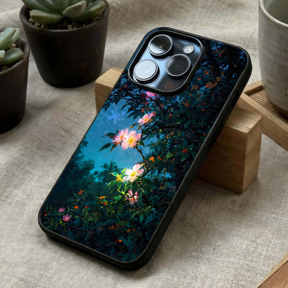Midnight Bloom Glow Glass Case laid diagonally highlighting subtle glow and HD glass shine.