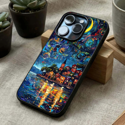Moonlight Harbor Glow Glass Case laid diagonally highlighting calm reflections and HD glass shine.