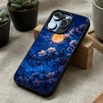 Moonlit Blossoms Night Glass Case laid diagonally highlighting gentle bloom flow and HD glass shine.
