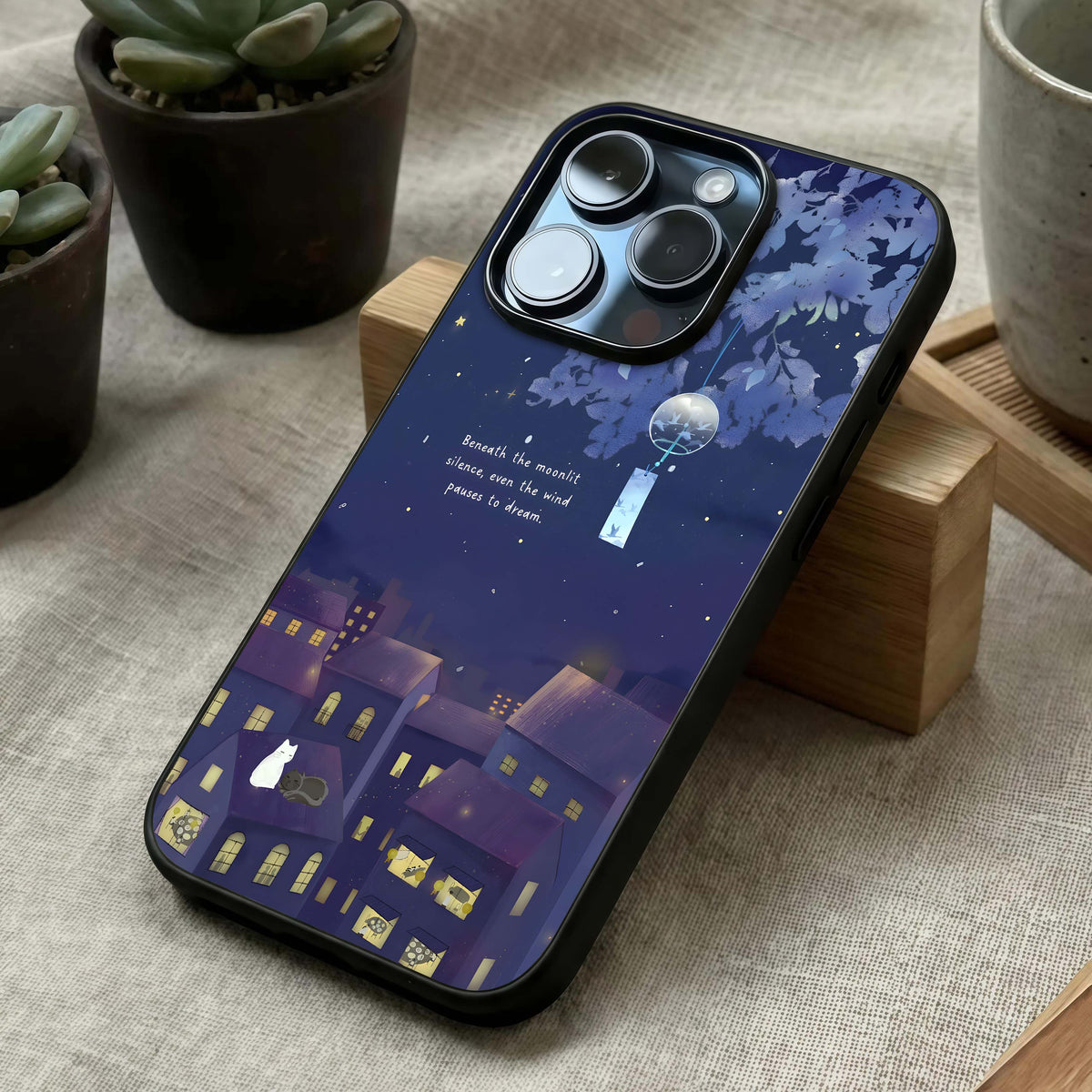 Moonlit Cat Silence Glass Case laid diagonally highlighting calm composition and HD glass shine.