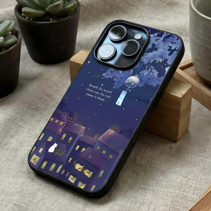 Moonlit Cat Silence Glass Case laid diagonally highlighting calm composition and HD glass shine.