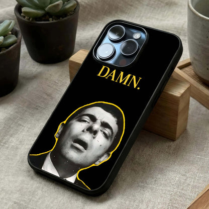 Mr Bean Damn Glass Case laid diagonally highlighting playful attitude and HD glass shine.