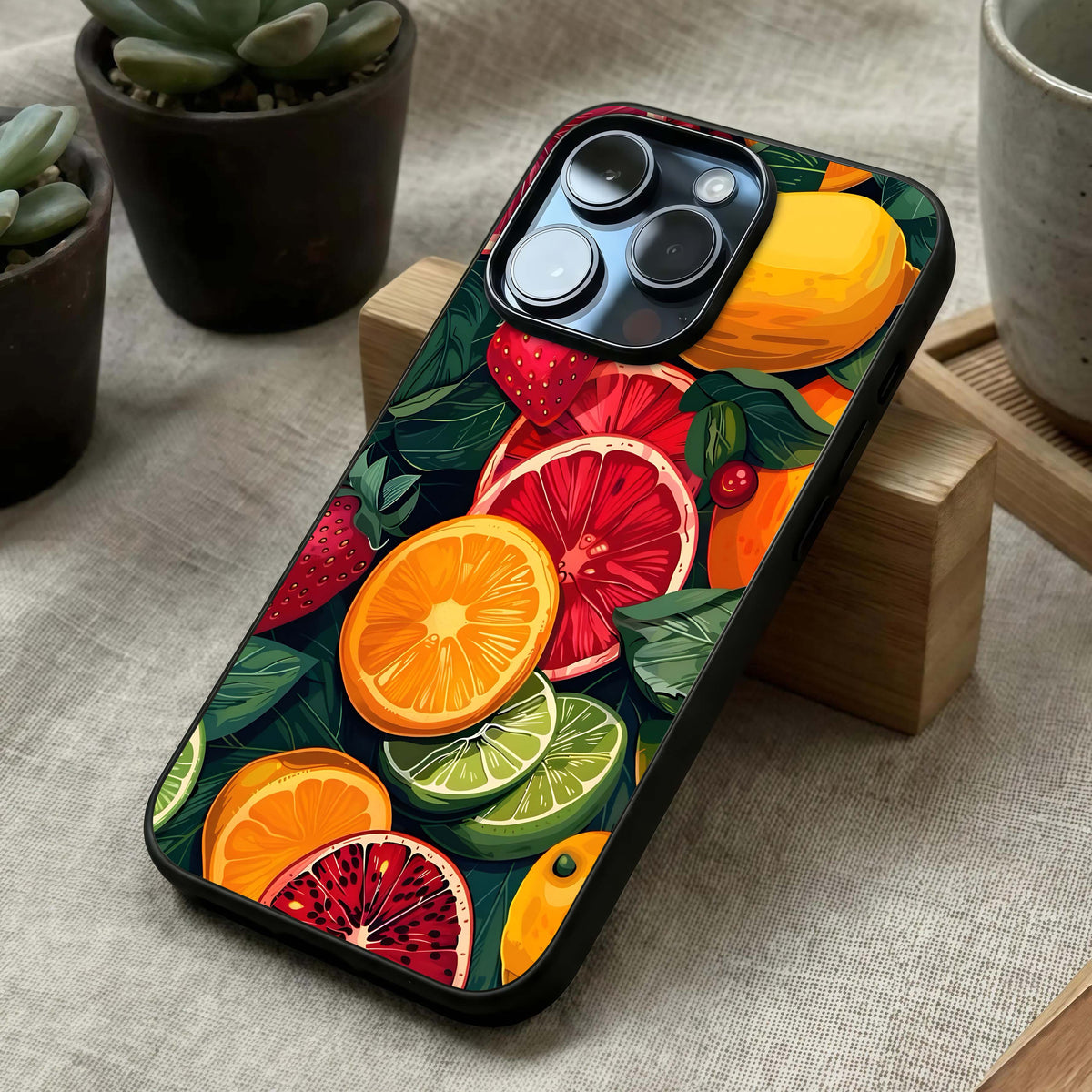 Multiple Fruits Glass Case laid diagonally highlighting playful arrangement and HD glass shine.
