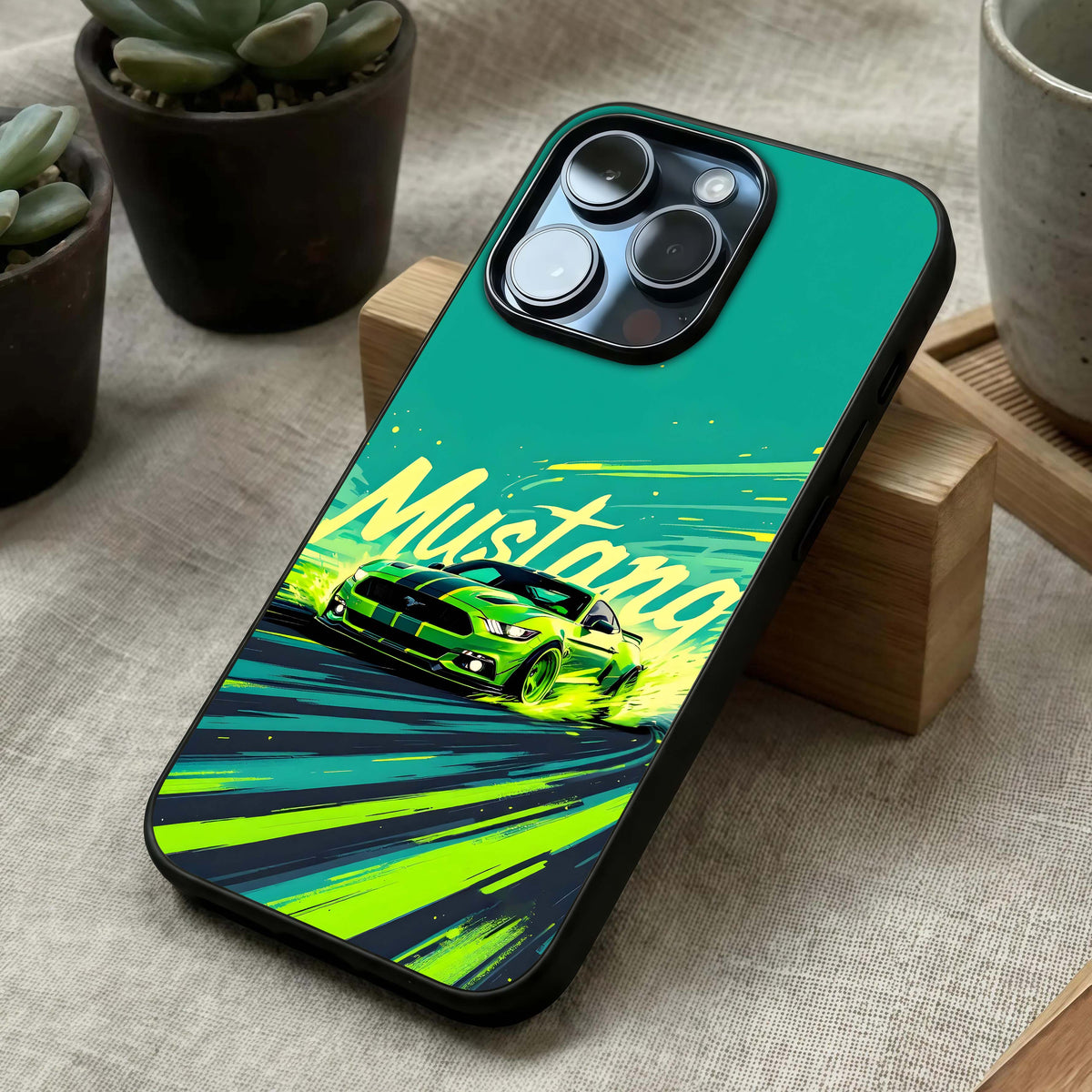 Mustang Bang Glass Case laid diagonally highlighting speed accents and HD glass shine.