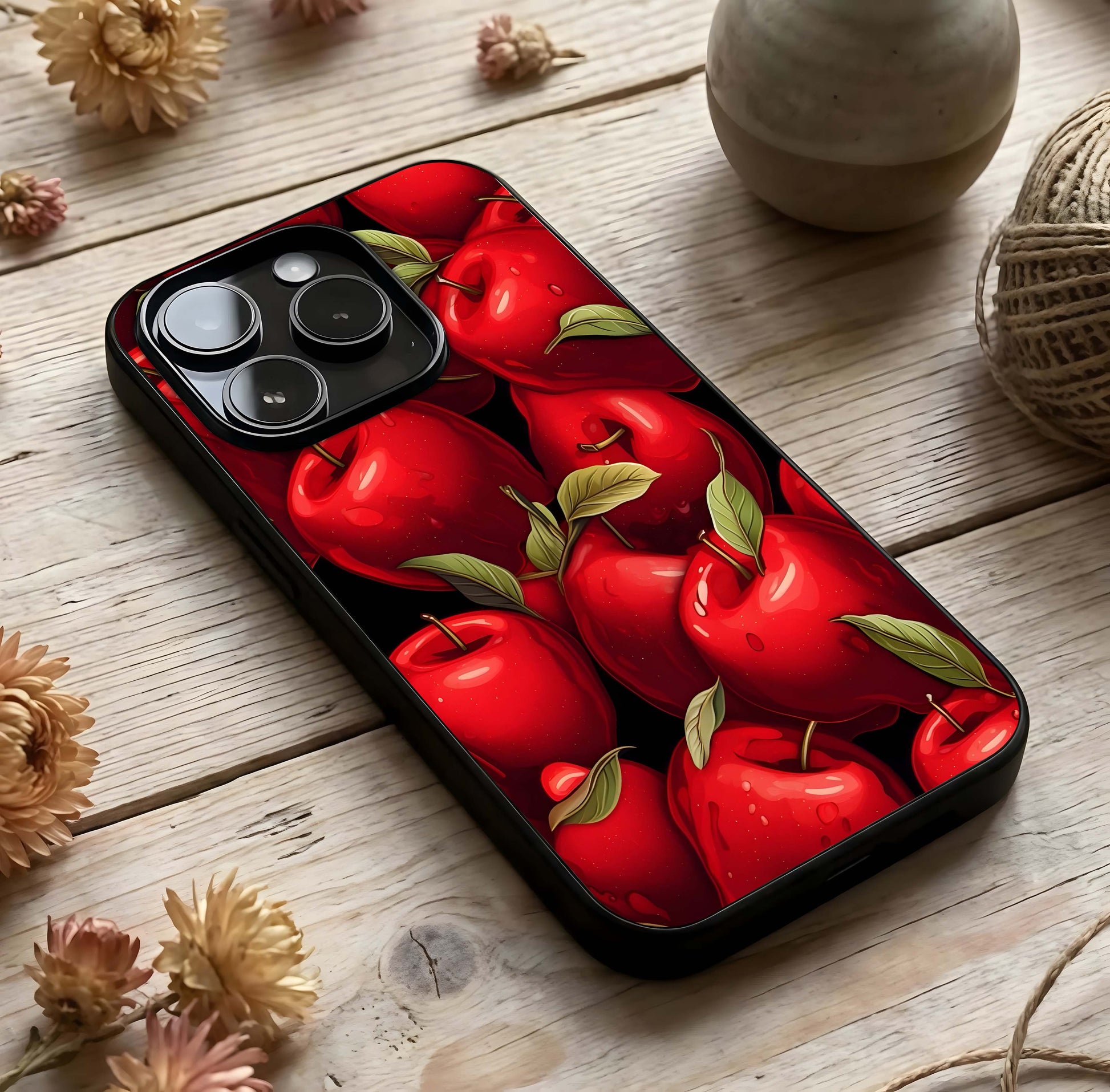 Apple Pattern Glass Case photographed in natural light showing reflective finish and pattern depth.