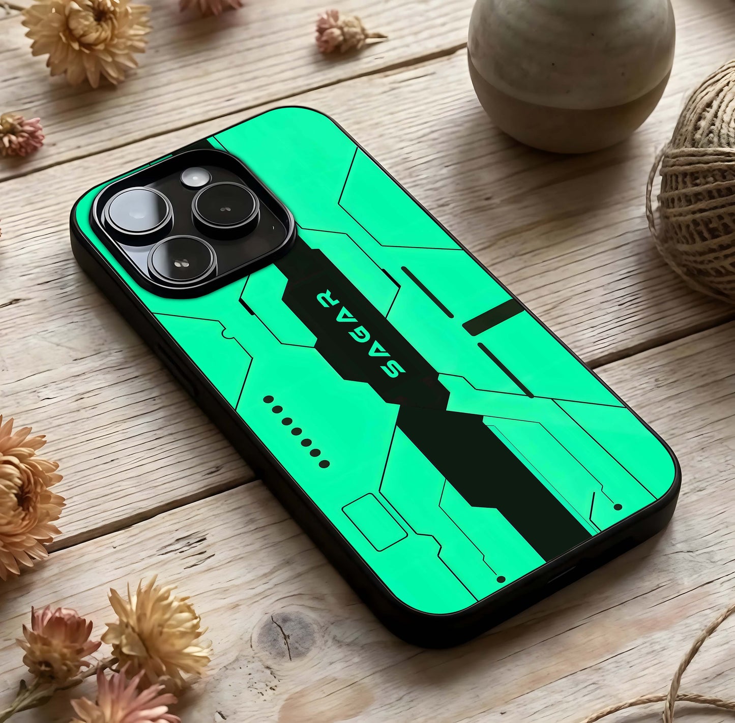 Aqua Tech CYBERPUNK Custom Name Glass Case photographed in natural light showing reflective finish and layered tech depth.