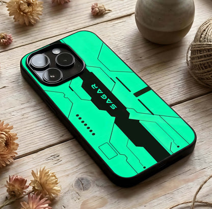 Aqua Tech CYBERPUNK Custom Name Glass Case photographed in natural light showing reflective finish and layered tech depth.