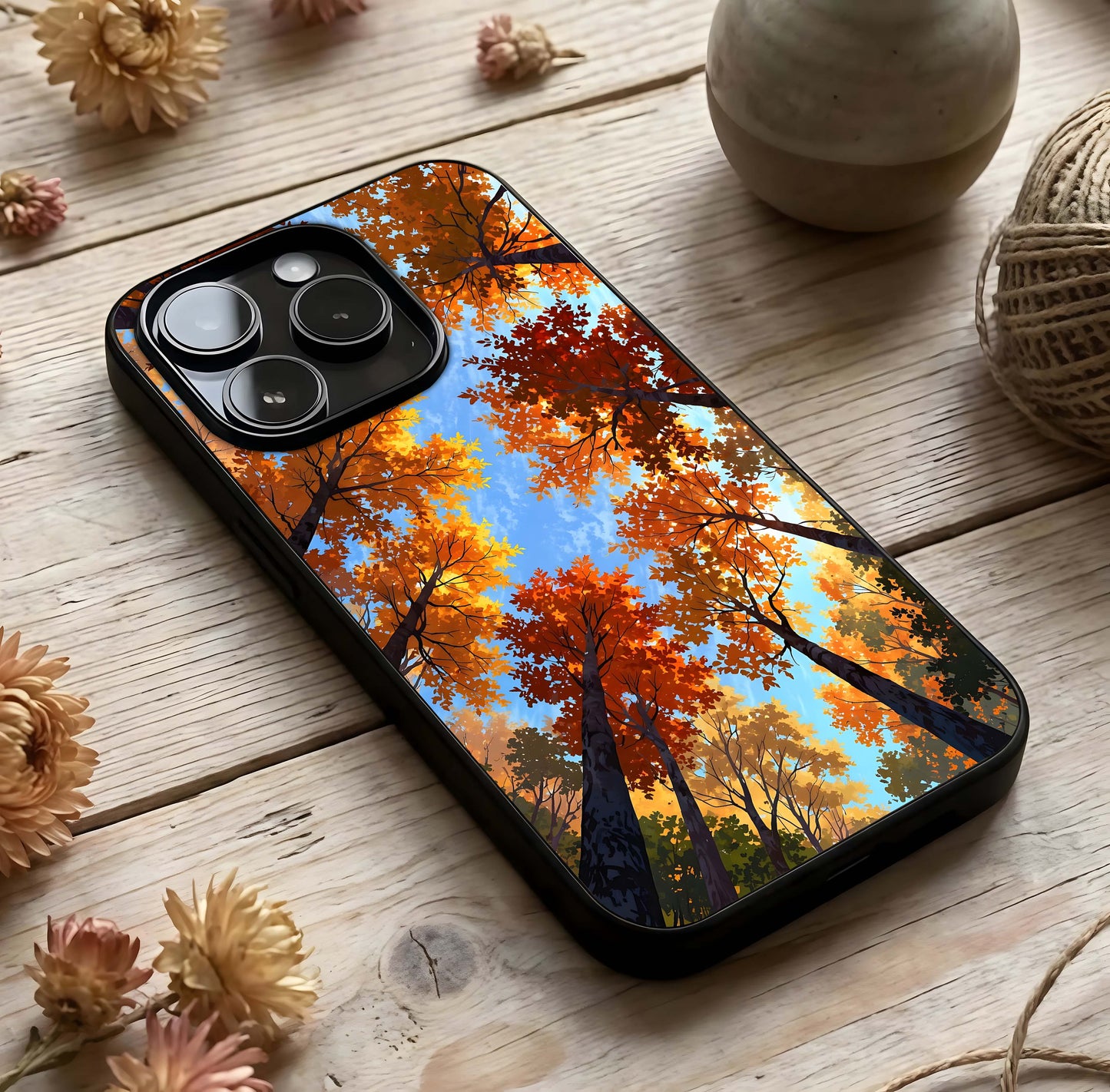 Autumn Sky Rise Glass Case photographed in natural light showing reflective finish and atmospheric depth.