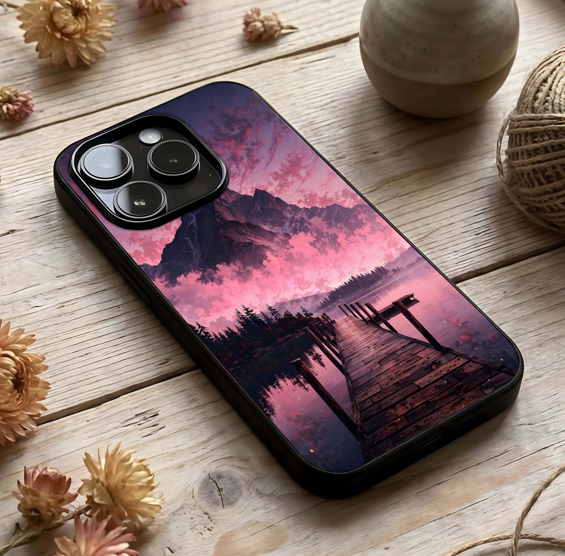 Beautiful Mountain View Glass Case photographed in natural light showing reflective finish and scenic depth.