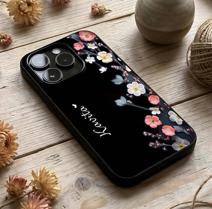 Black Elegance Floral Custom Name Glass Case photographed in natural light showing reflective finish and luxury depth.