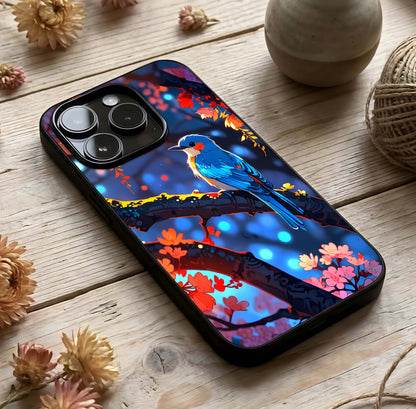 Blooming Spendor Bird Glass Case photographed in natural light showing reflective finish and organic depth.