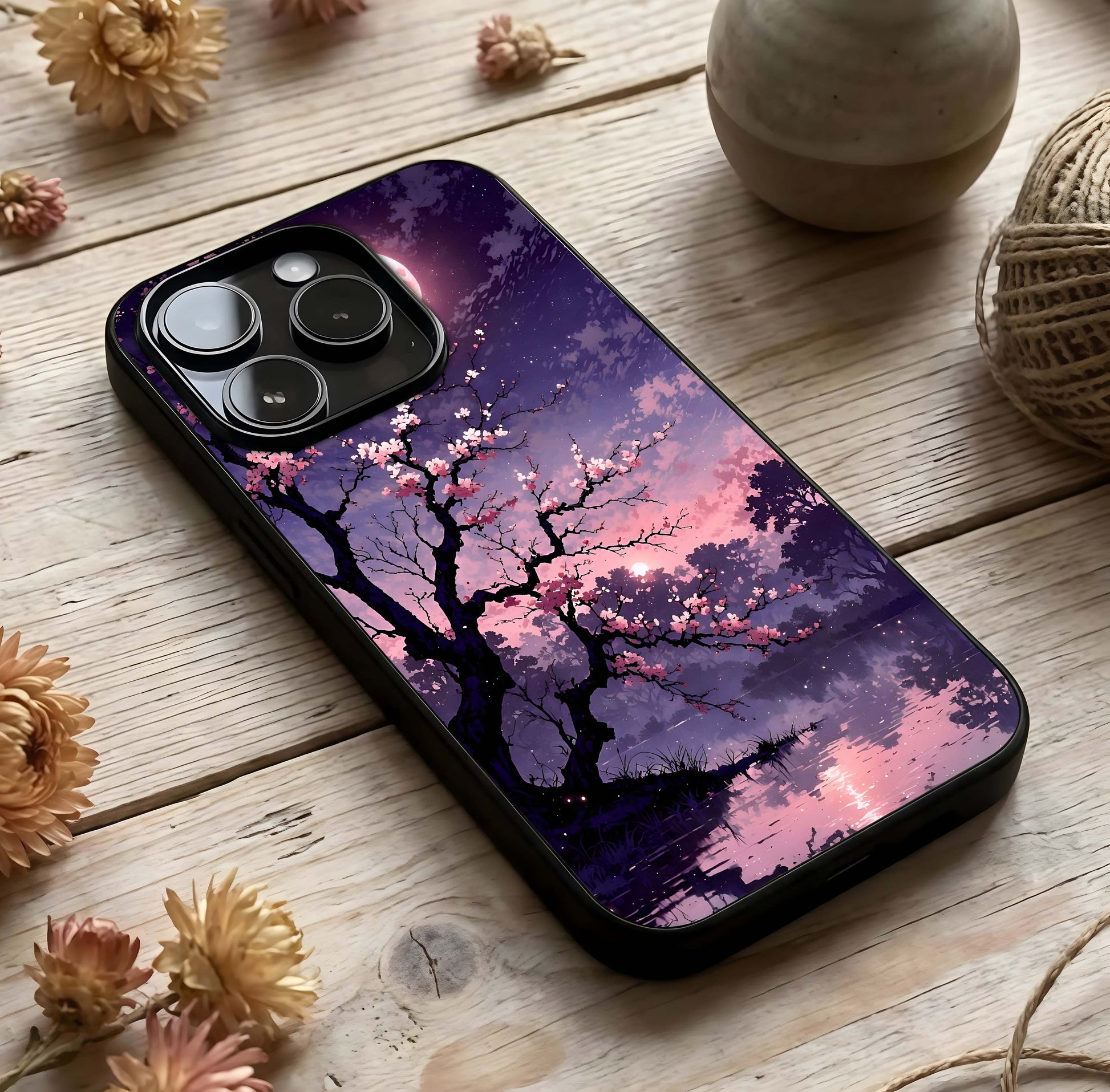 Blossom Pink Moon Glass Case photographed in natural light showing reflective finish and soothing depth.