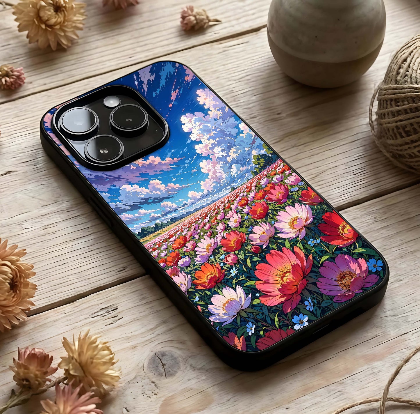Blossom Sky Field Glass Case photographed in natural light showing reflective finish and airy depth.