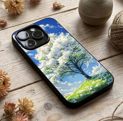 Blossom Sky Serenity Glass Case photographed in natural light showing reflective finish and serene depth.