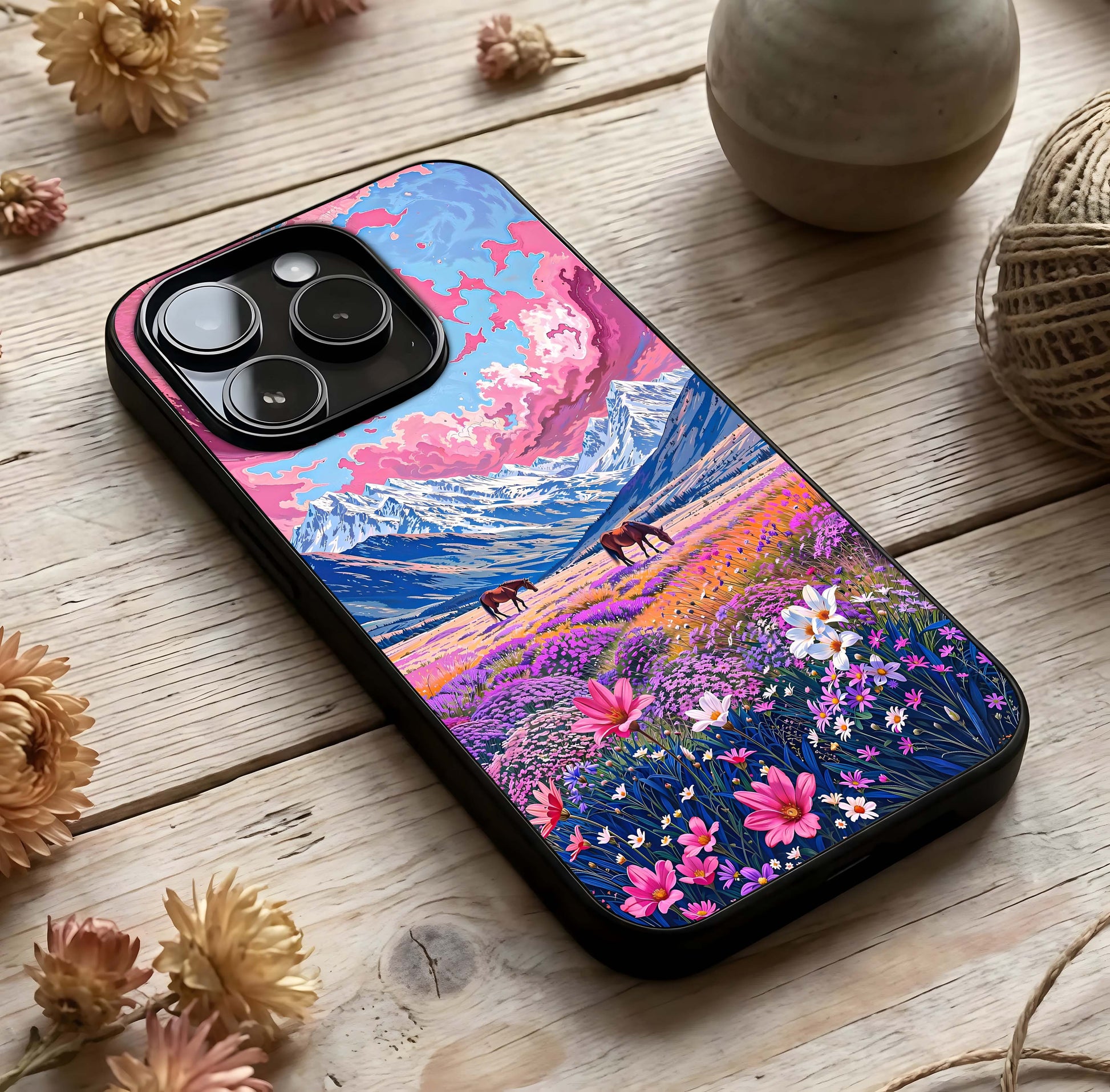 Blossom Valley Dream Glass Case photographed in natural light showing reflective finish and dreamy depth.