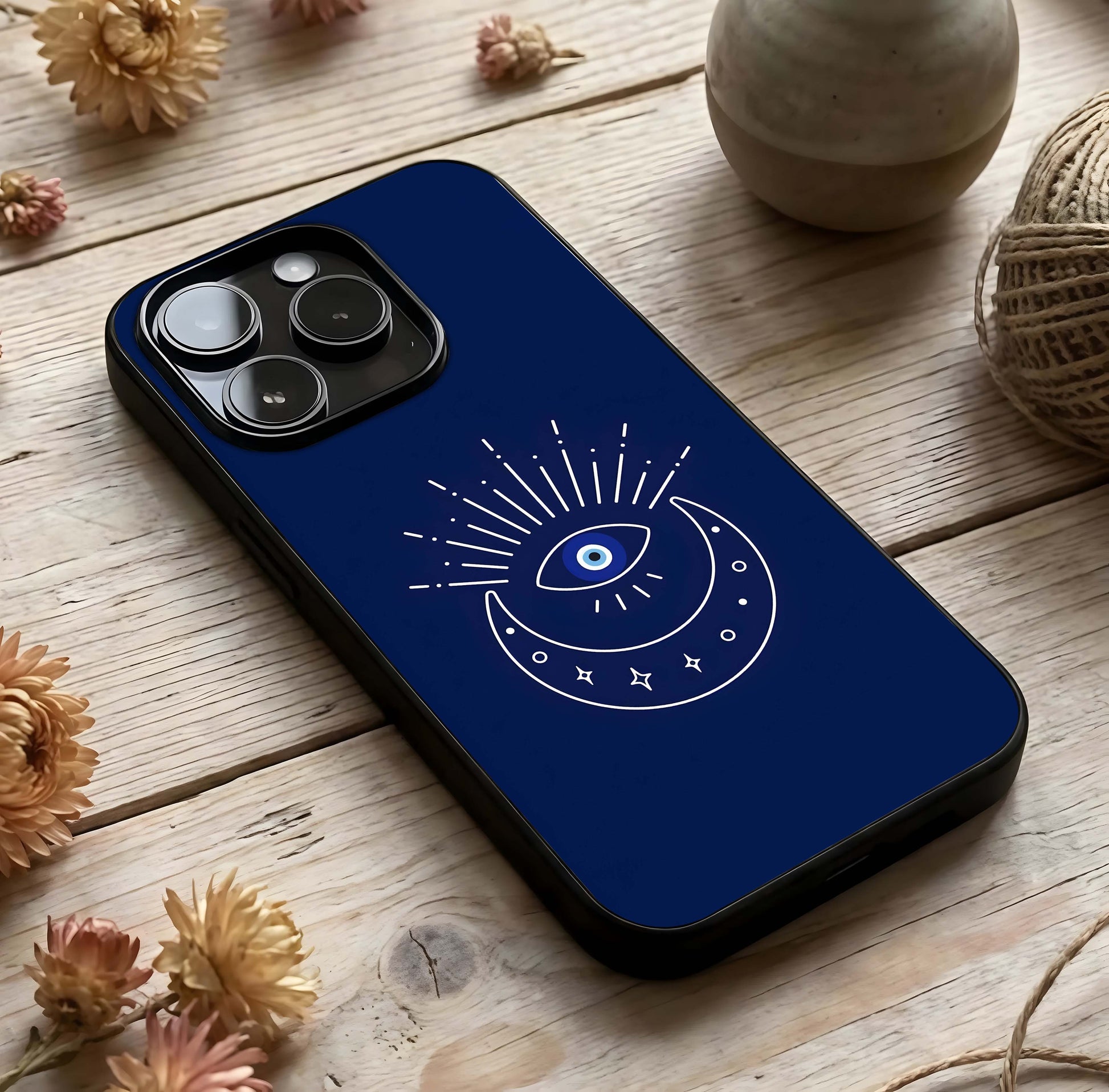 Blue Evil Eye Glass Case photographed in natural light showing reflective finish and symbolic depth.