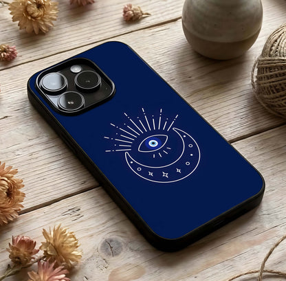 Blue Evil Eye Glass Case photographed in natural light showing reflective finish and symbolic depth.
