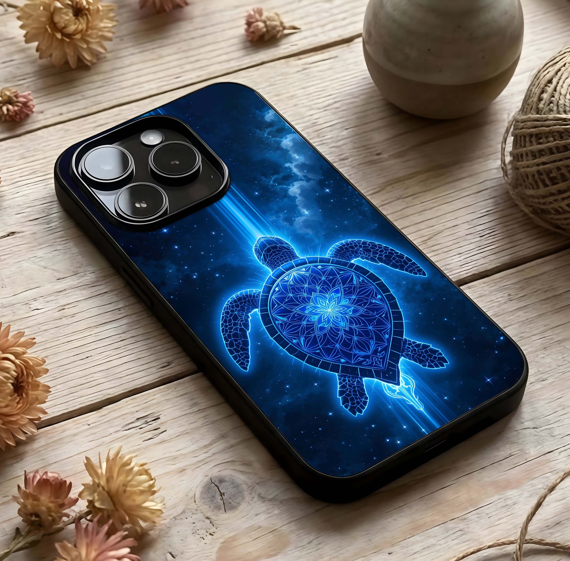 Blue Galaxy Turtle Glass Case photographed in natural light showing reflective finish and cosmic depth.
