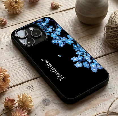 Blue Petal Dream Custom Name Glass Case photographed in natural light showing reflective finish and dreamy depth.