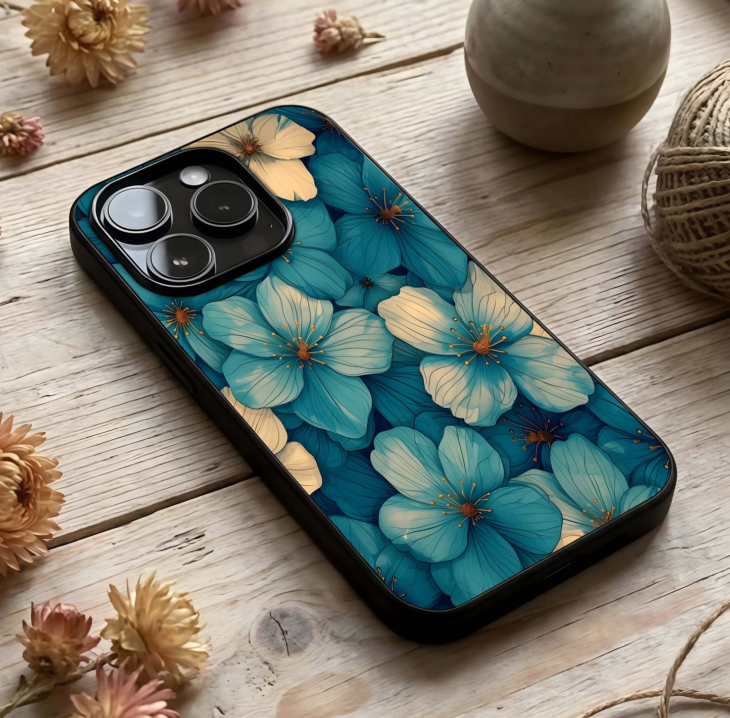 Blue Shade Floral Glass Case photographed in natural light showing reflective finish and floral depth.