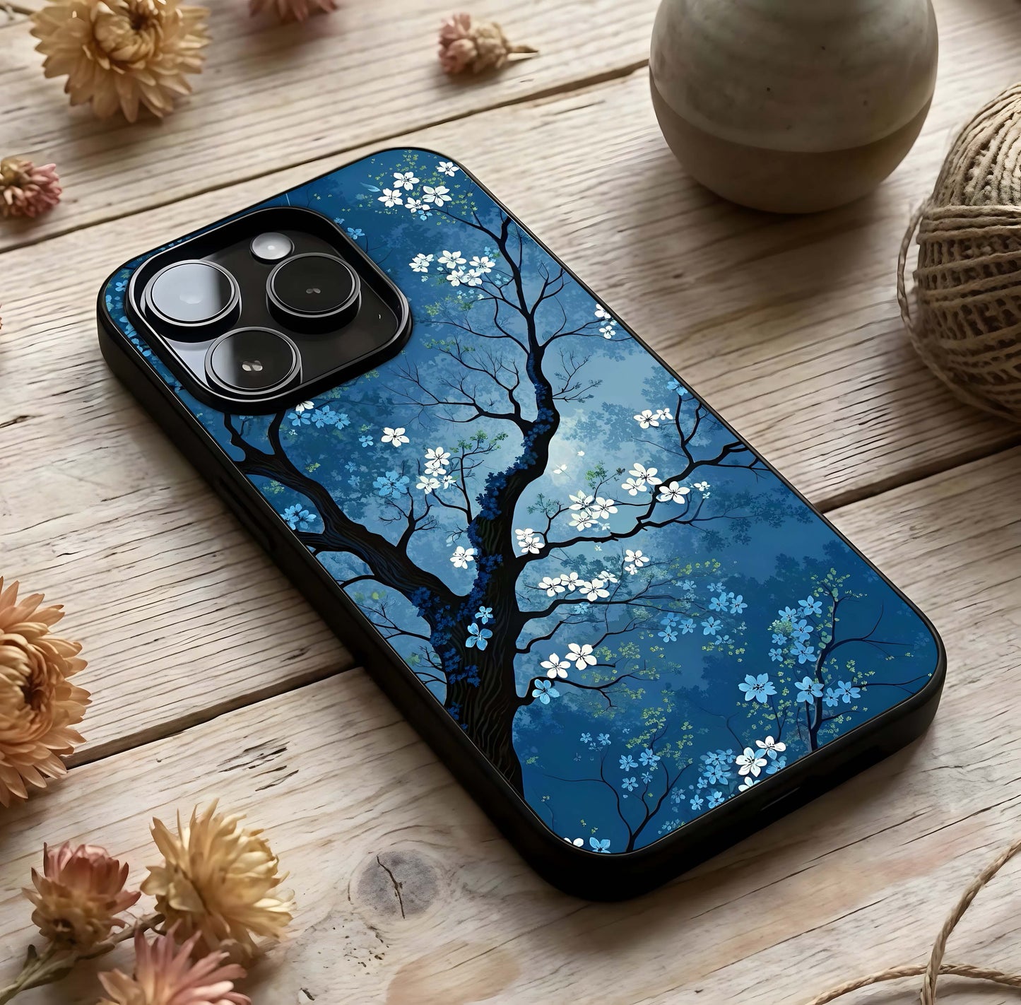 Blue Tree Serenity Glass Case photographed in natural light showing reflective finish and peaceful depth.