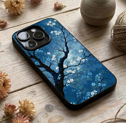 Blue Tree Serenity Glass Case photographed in natural light showing reflective finish and peaceful depth.