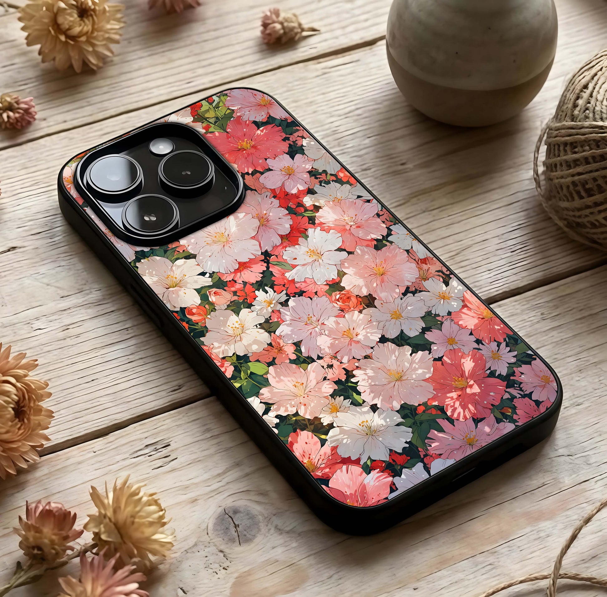 Blush Bloom Field Glass Case photographed in natural light showing reflective finish and airy depth.