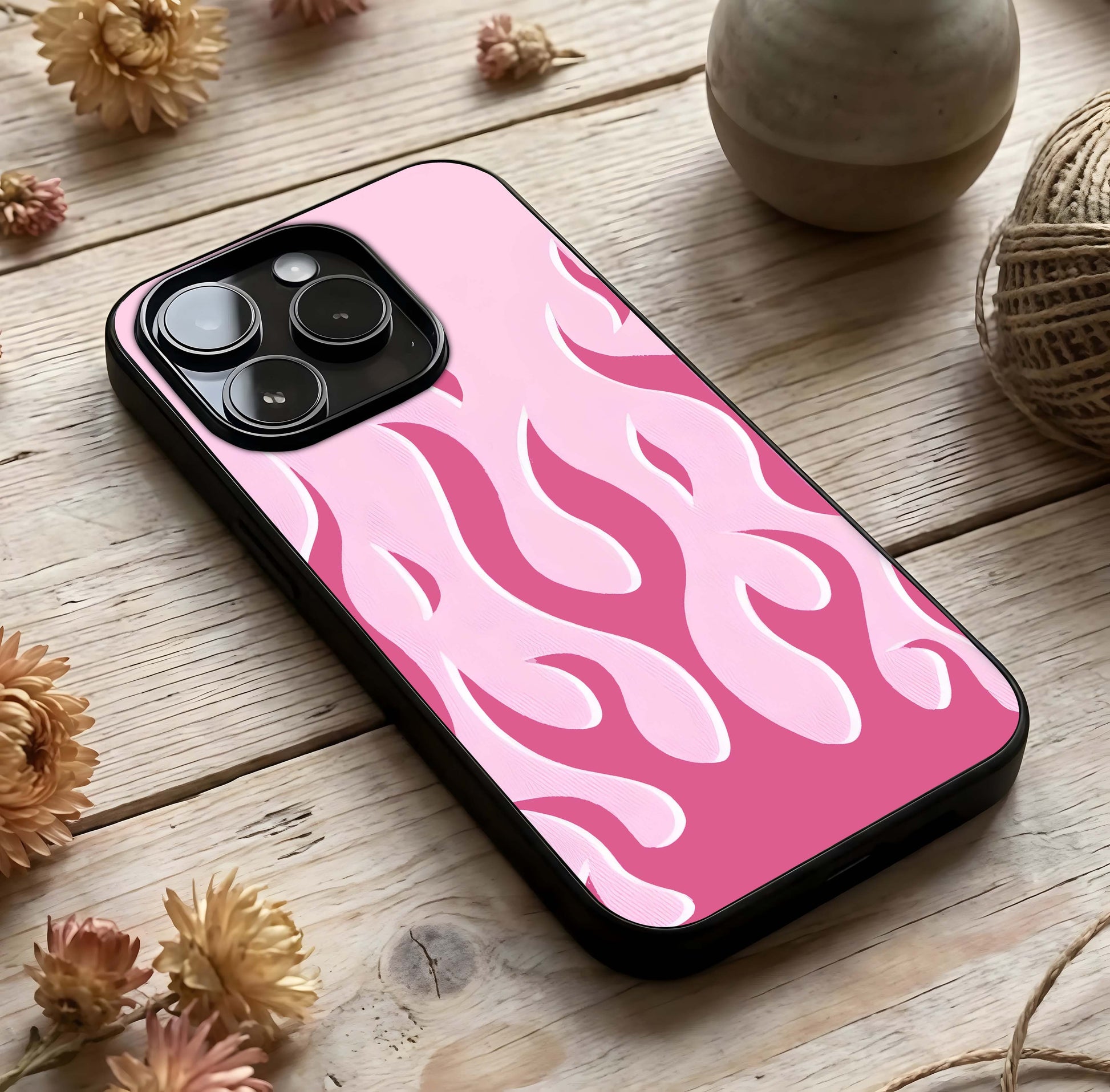 Blush Flame Energy Glass Case photographed in natural light showing reflective finish and vibrant depth.