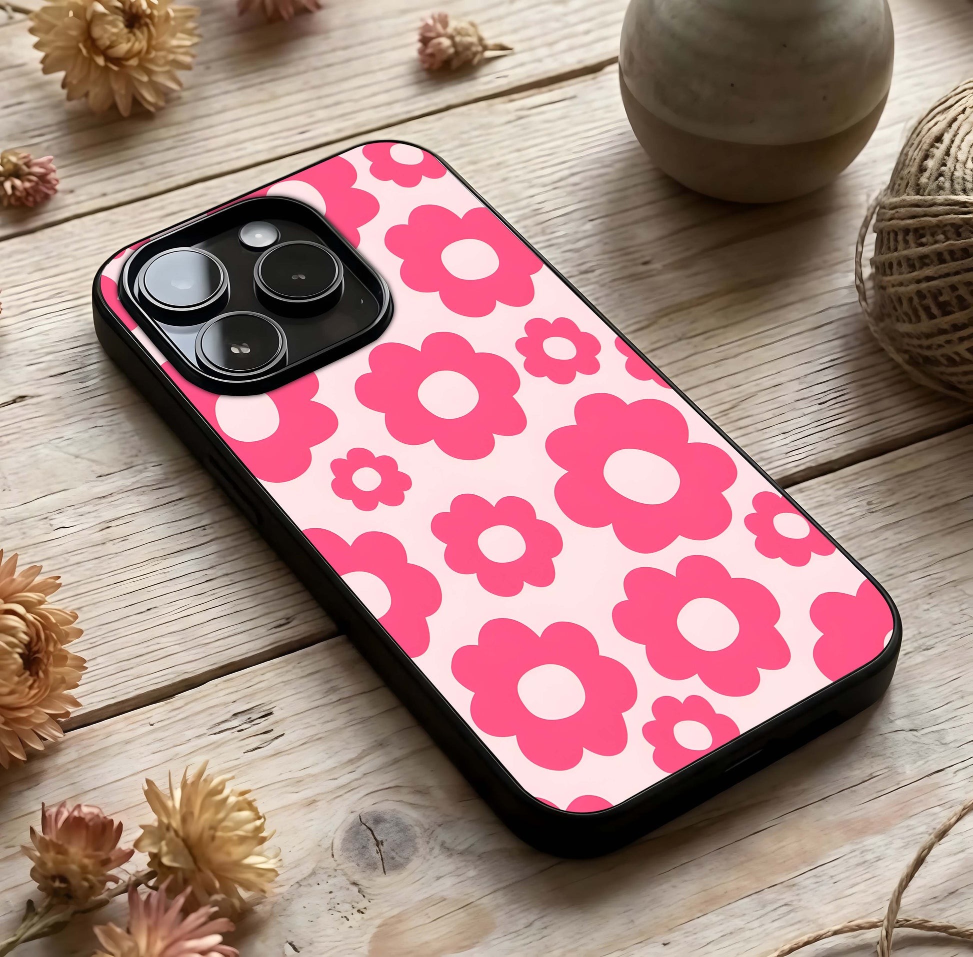Blush Flower Pop Glass Case photographed in natural light showing reflective finish and cheerful depth.