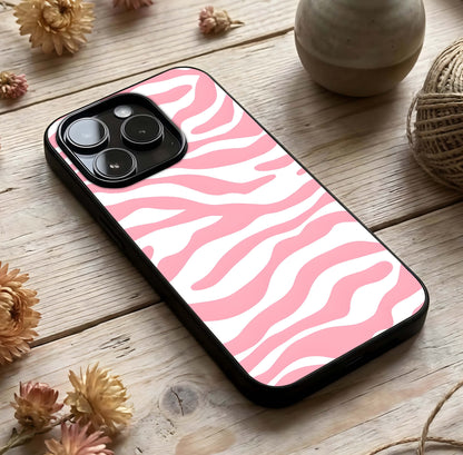 Blush Zebra Flow Glass Case photographed in natural light showing reflective finish and graphic depth.