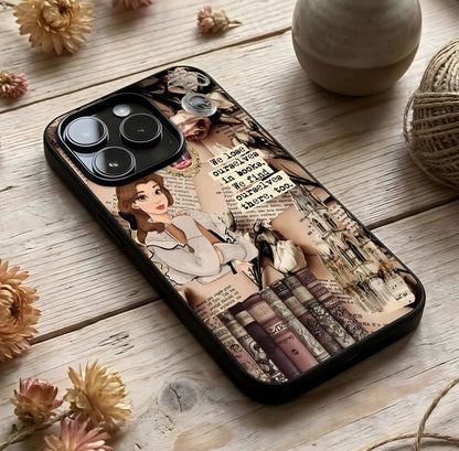 Bookish Dream World Glass Case photographed in natural light showing reflective finish and whimsical depth.
