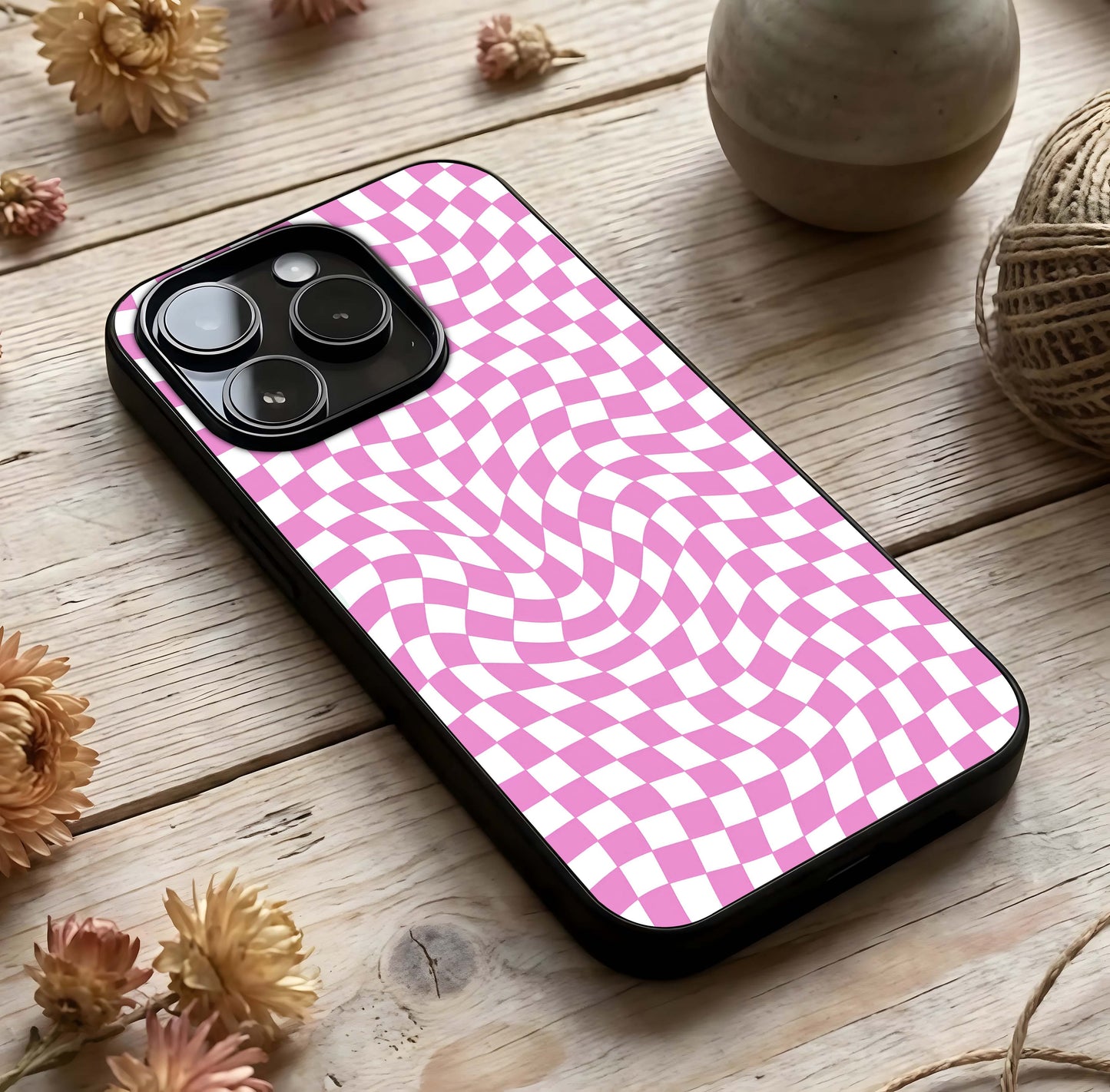 Bubblegum Check Wave Glass Case photographed in natural light showing reflective finish and cheerful depth.