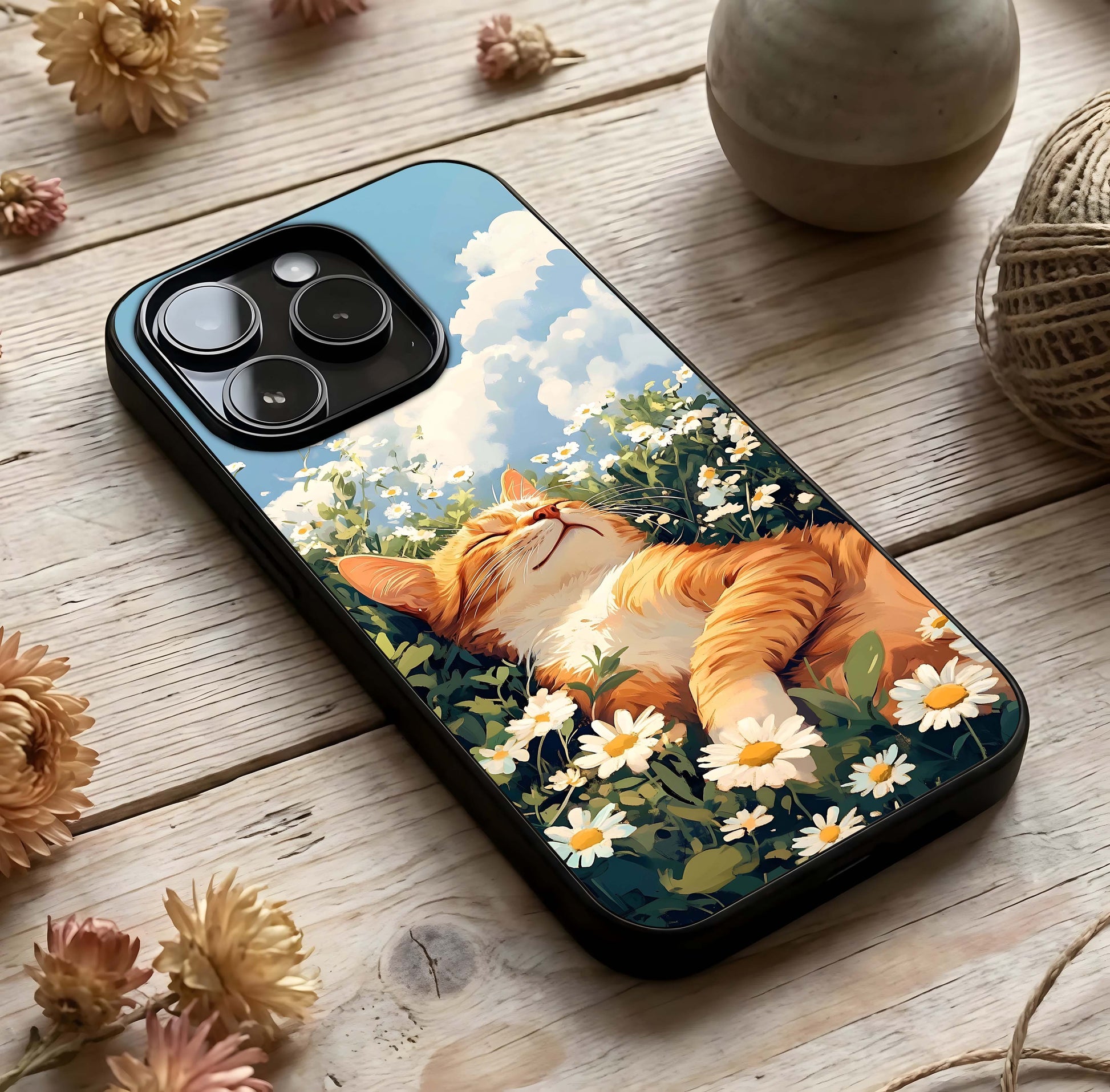 Cat & Flowers View Glass Case photographed in natural light showing reflective finish and warm depth.