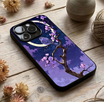 Celestial Bird Blossom Glass Case photographed in natural light showing reflective finish and celestial depth.