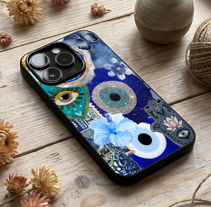 Celestial Blue Vision Glass Case photographed in natural light showing reflective finish and cosmic depth.