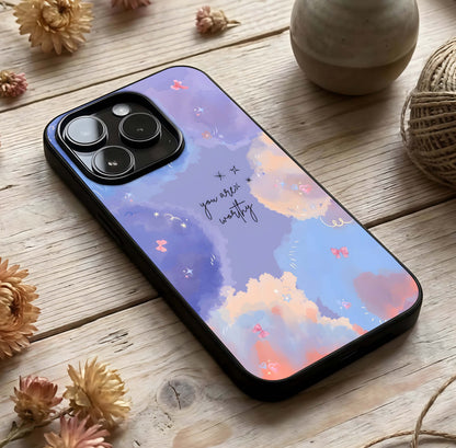 Celestial Cloud Magic Glass Case photographed in natural light showing reflective finish and airy depth.