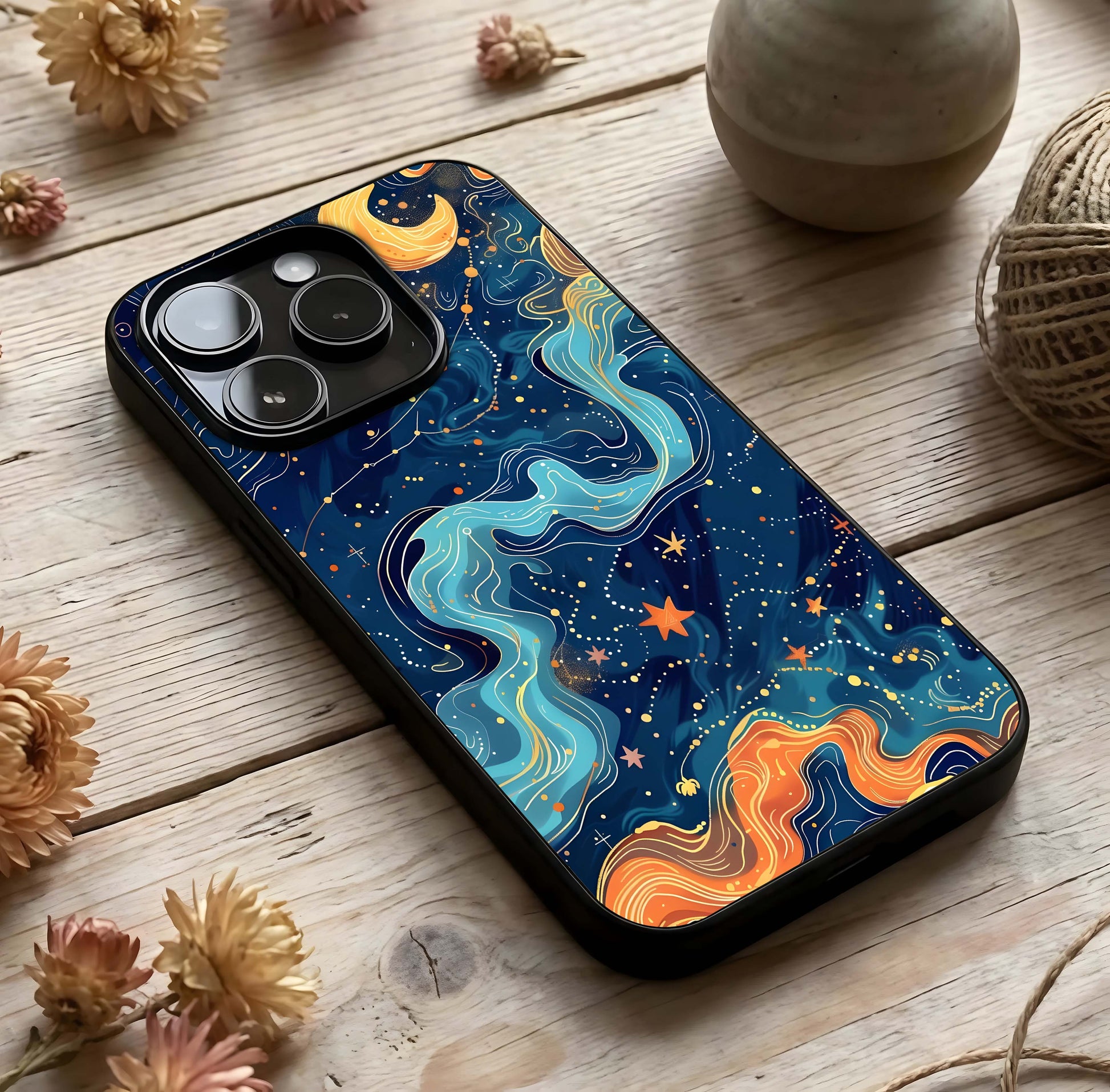 Celestial Dream Flow Glass Case photographed in natural light showing reflective finish and tranquil depth.