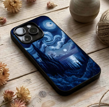 Celestial Dream Van Gogh Glass Case photographed in natural light showing reflective finish and artistic depth.